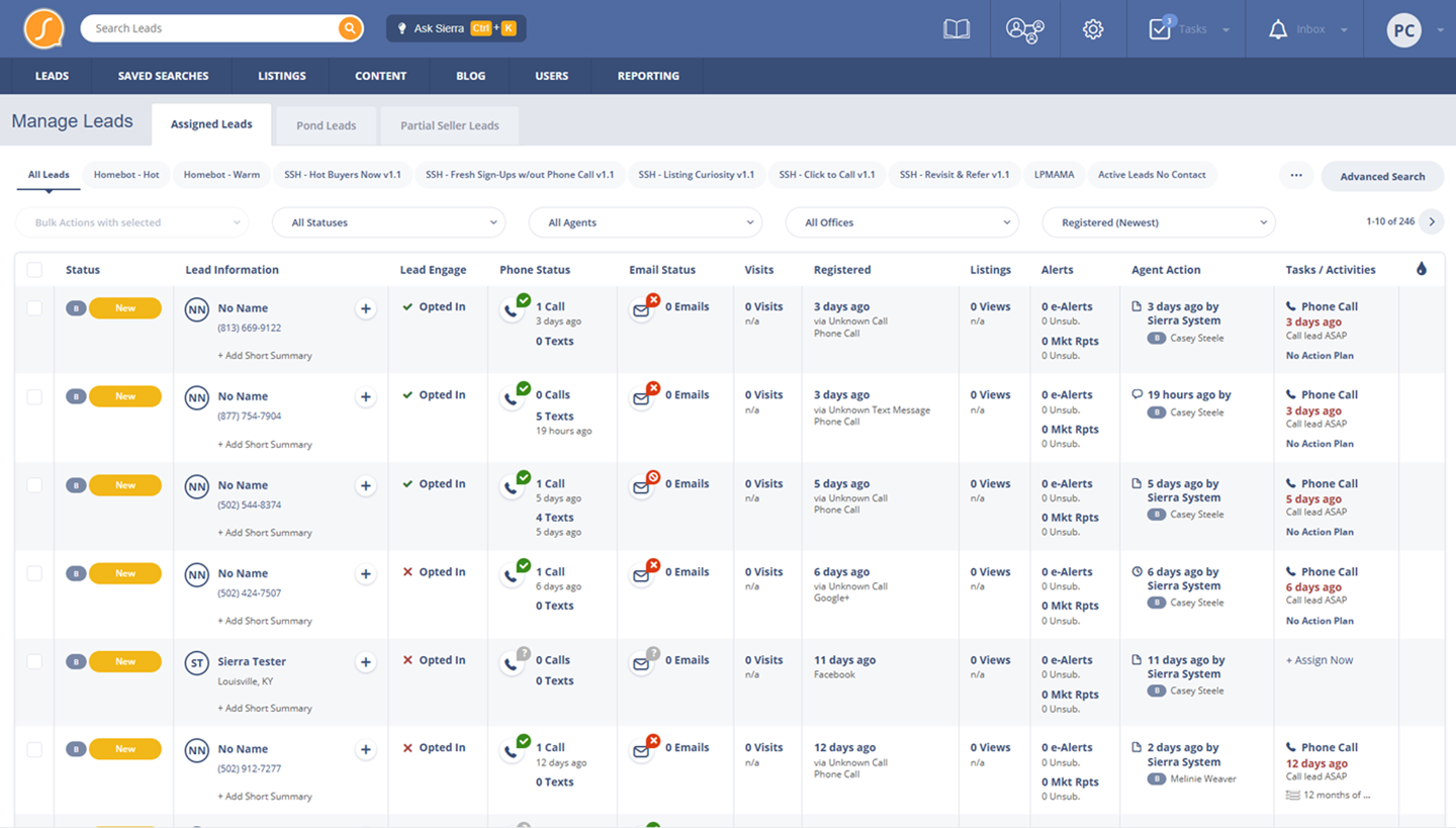 Leads Dashboard in Sierra's CRM