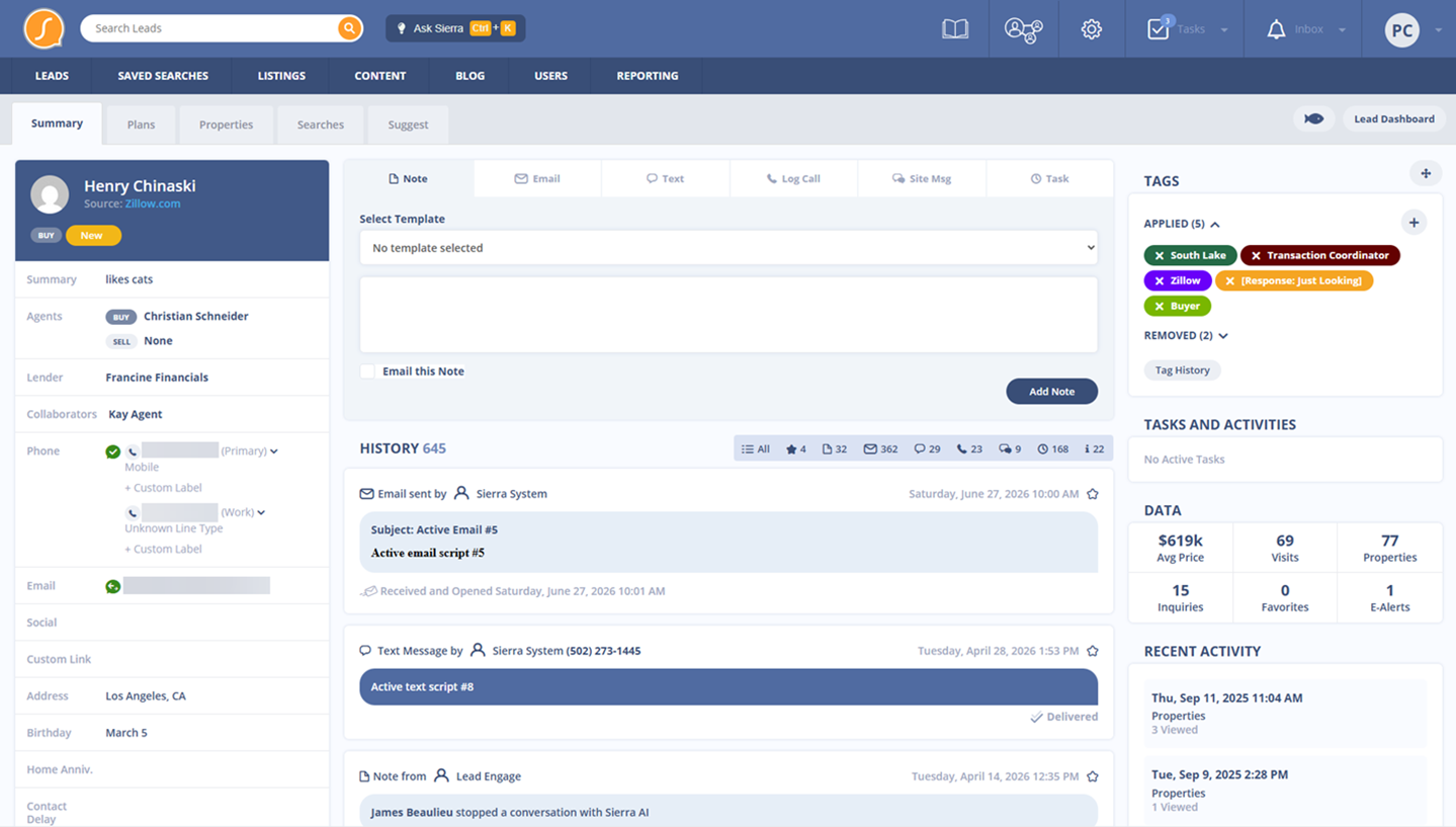 Lead Detail Page in Sierra's CRM