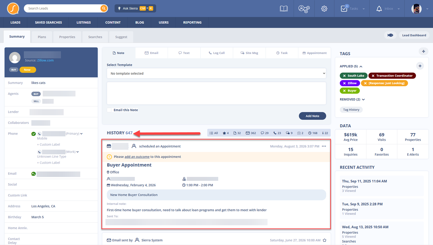 Appointment found in the Lead History in the Lead Detail Page in Sierra's CRM