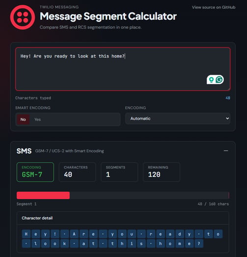 Twilio text message segment counter