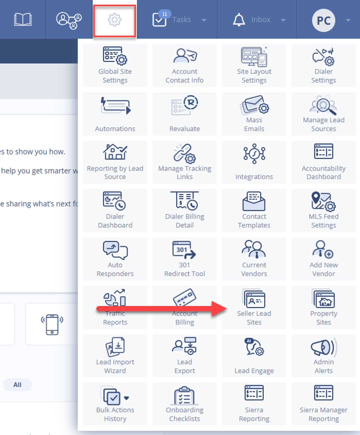 Navigating to Seller Lead Sites feature in Sierra