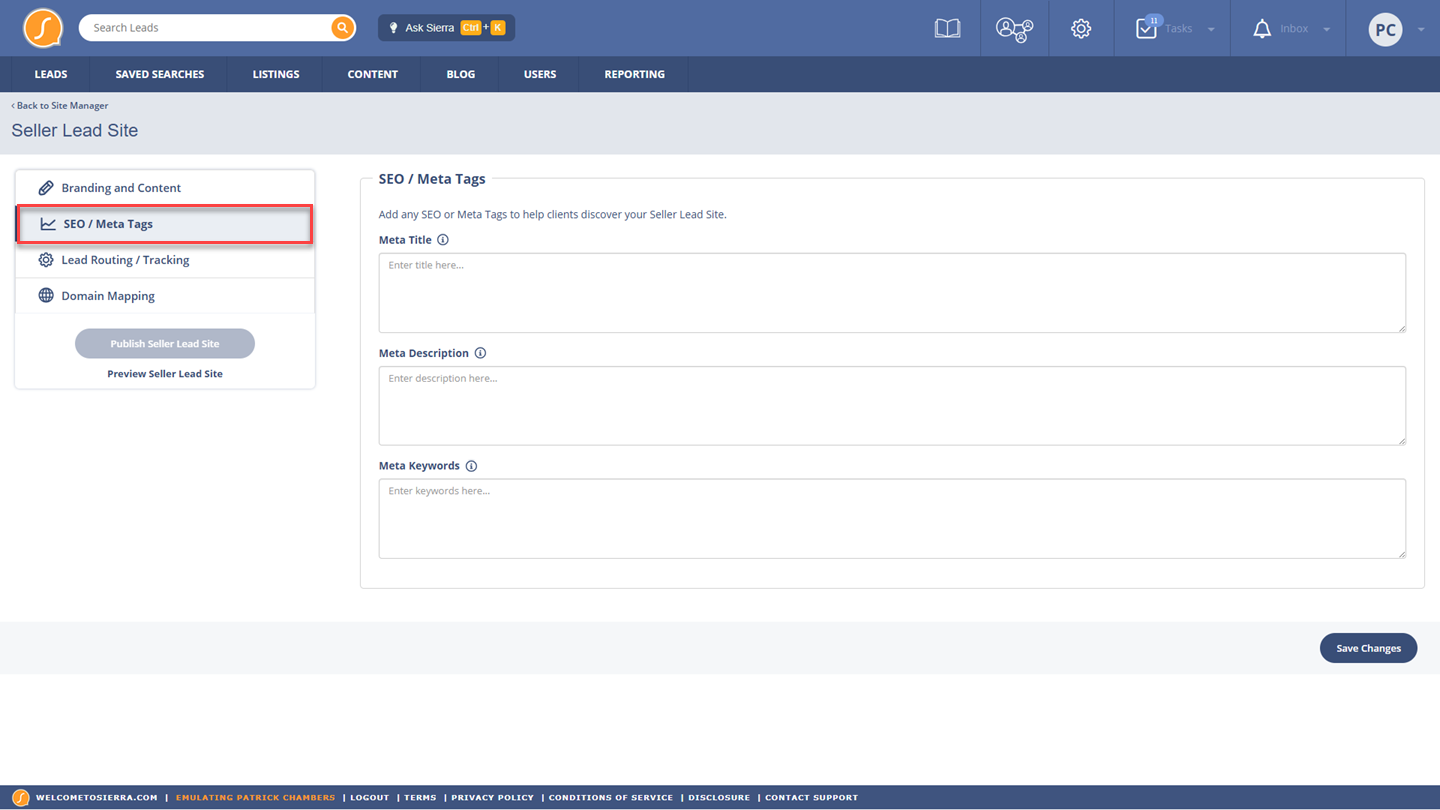 Seller Lead Site SEO and Meta Tags