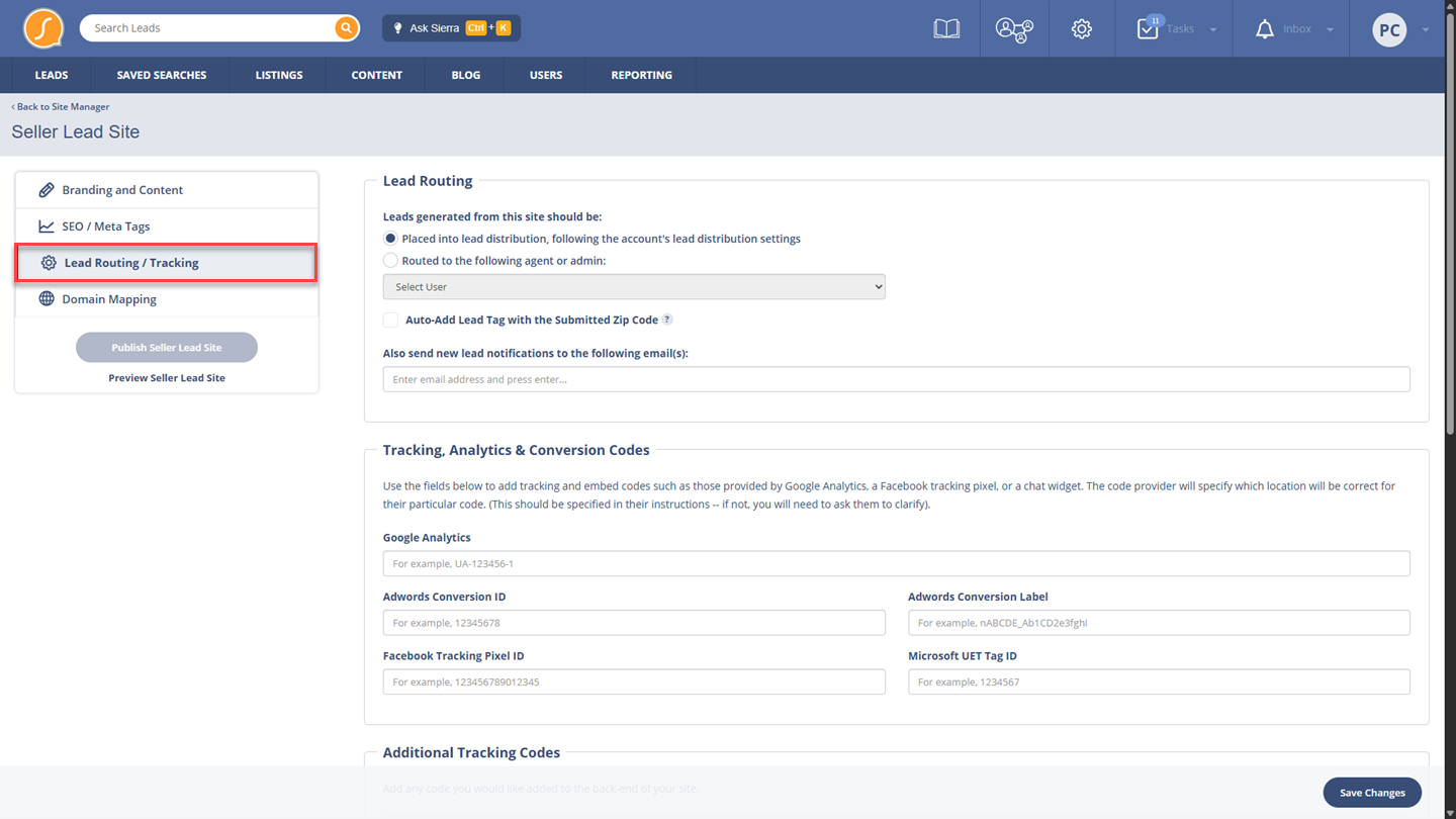 Seller Lead Site lead routing and tracking