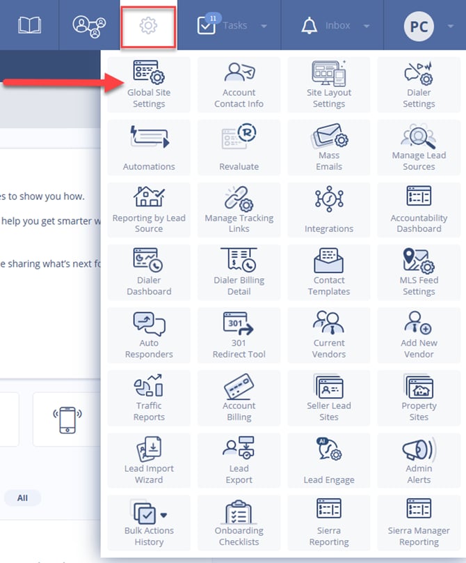 Navigating to Sierra's Global Site Settings