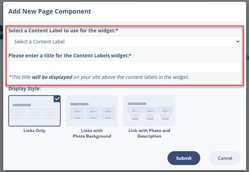 Selecting and entering a title for Content Labels widget