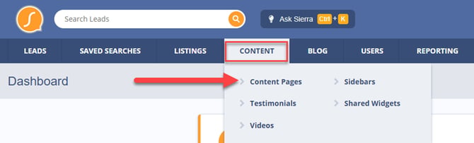 Navigating to Sierra's Content Pages to create a new Content Page