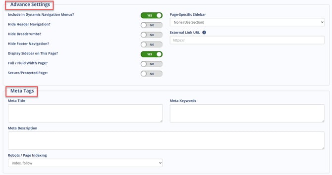 Advanced Settings and Meta Tags for Content Pages