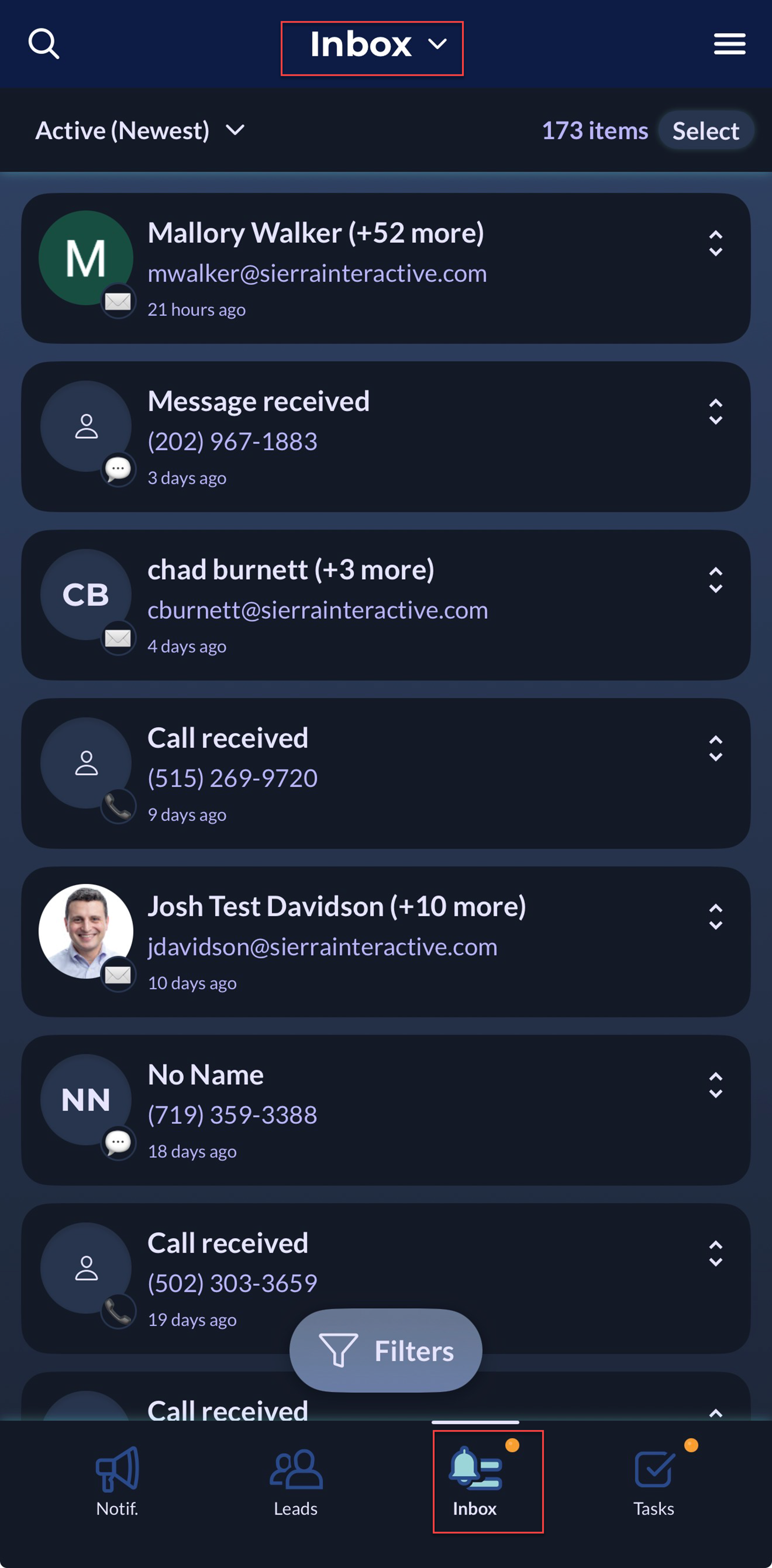 Admin Inbox in Sierra's Mobile App