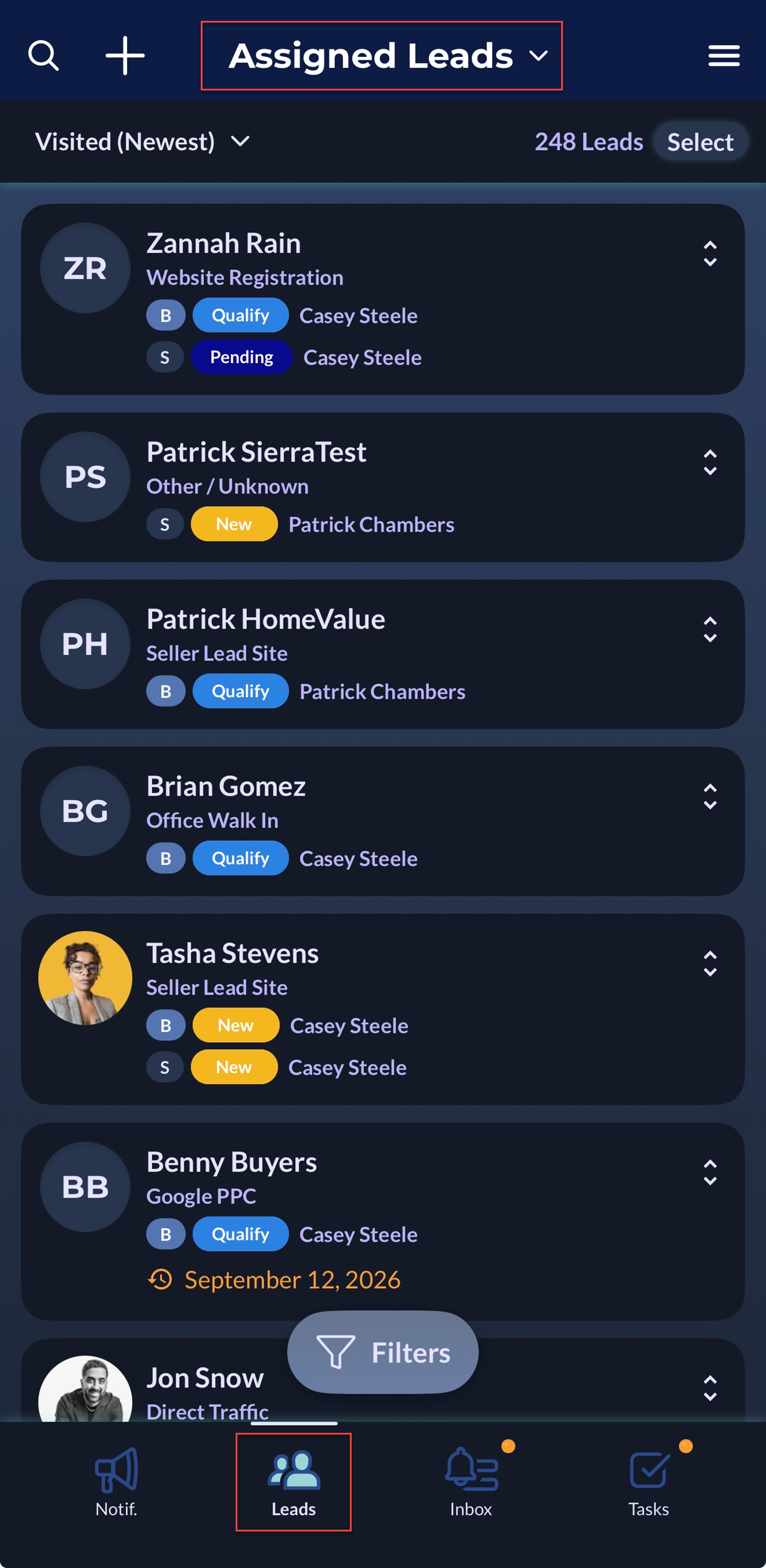 Leads Dashboard in Sierra's Mobile app