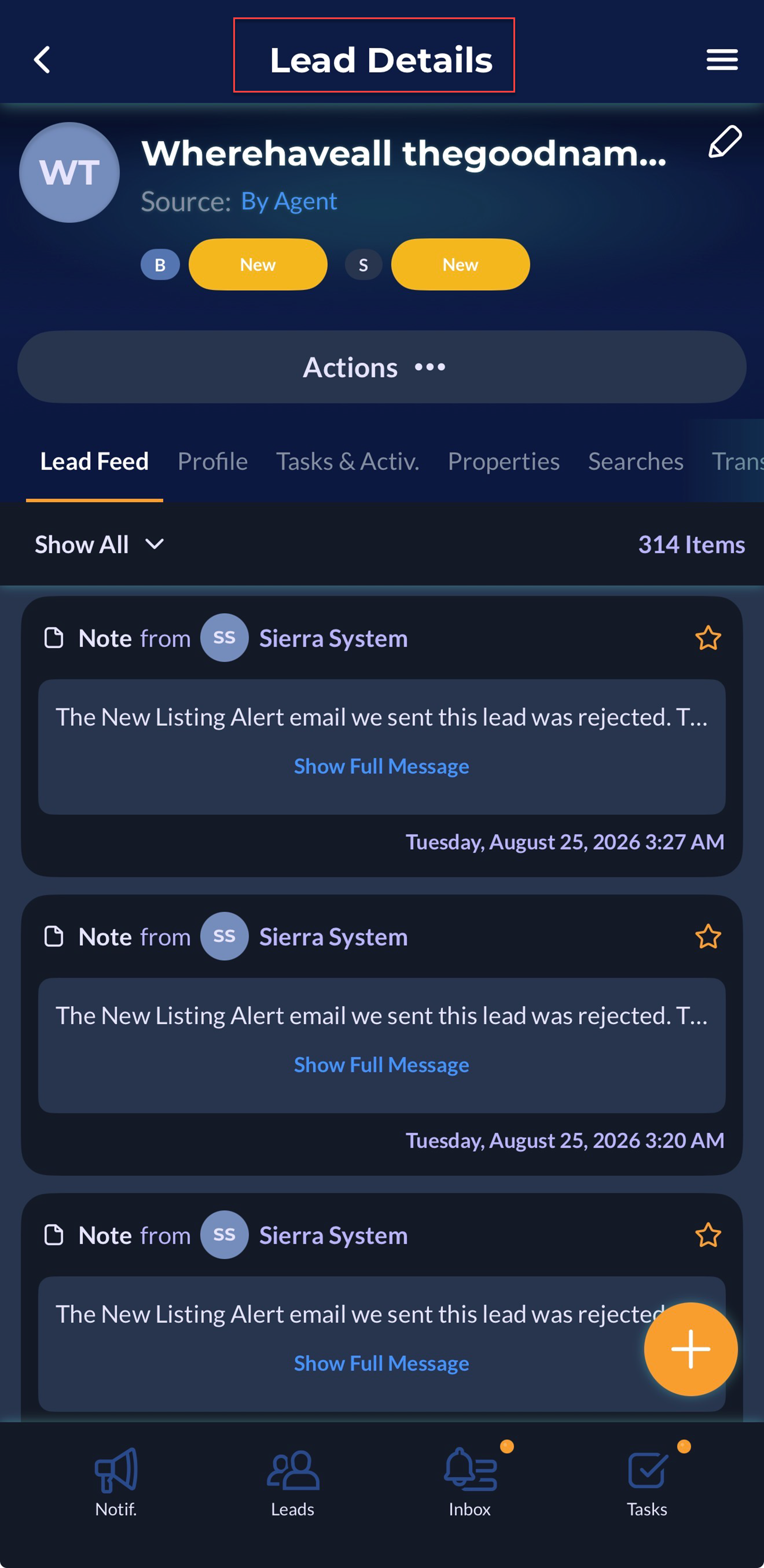 Lead Detail Page in Sierra's Mobile app