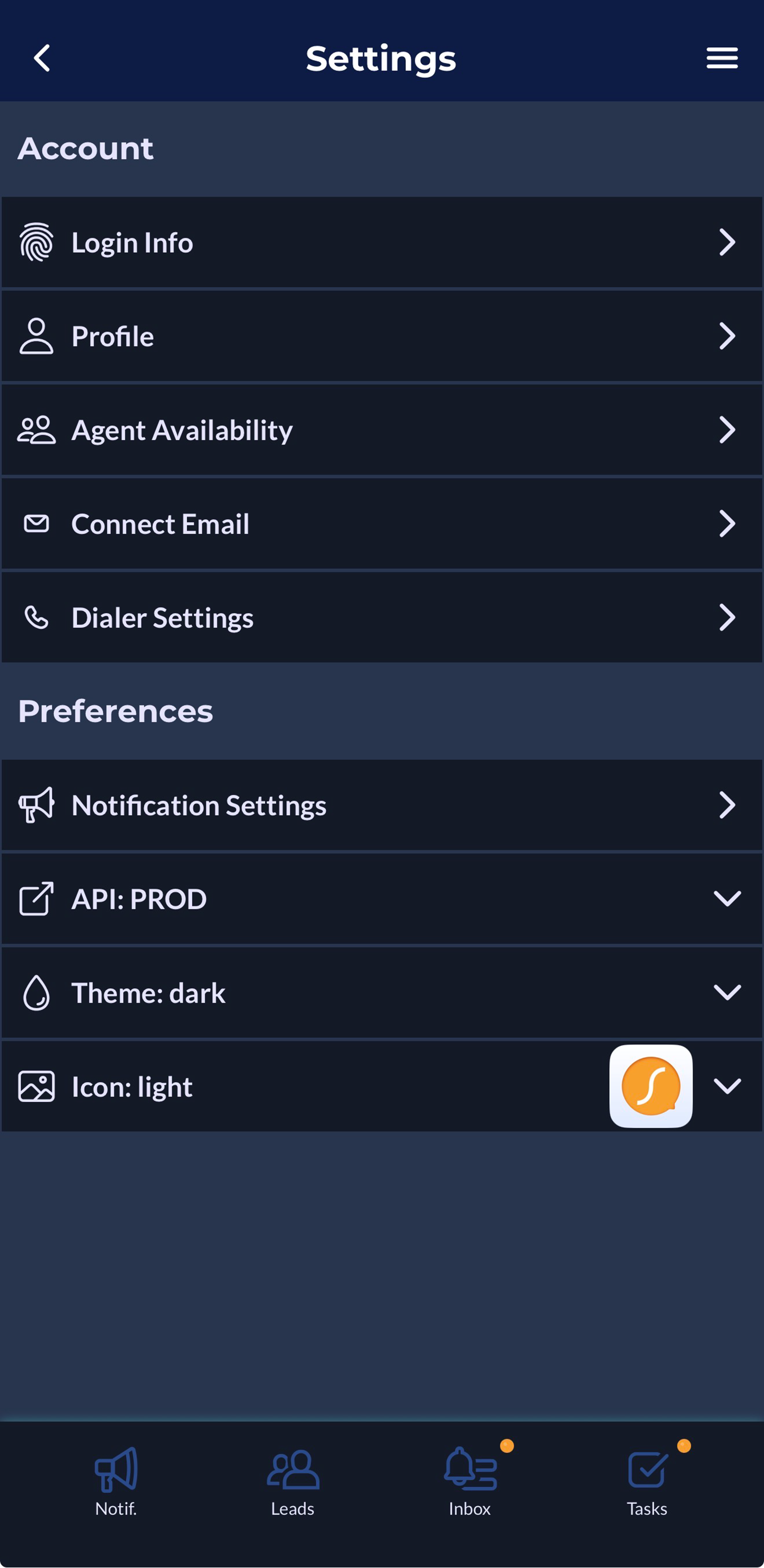 App settings in Sierra's Mobile app