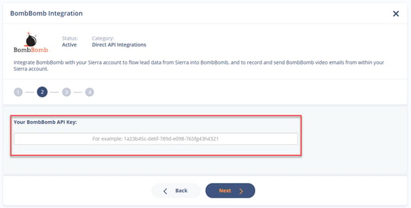 Add BombBomb API key in Sierra's Integrations manager