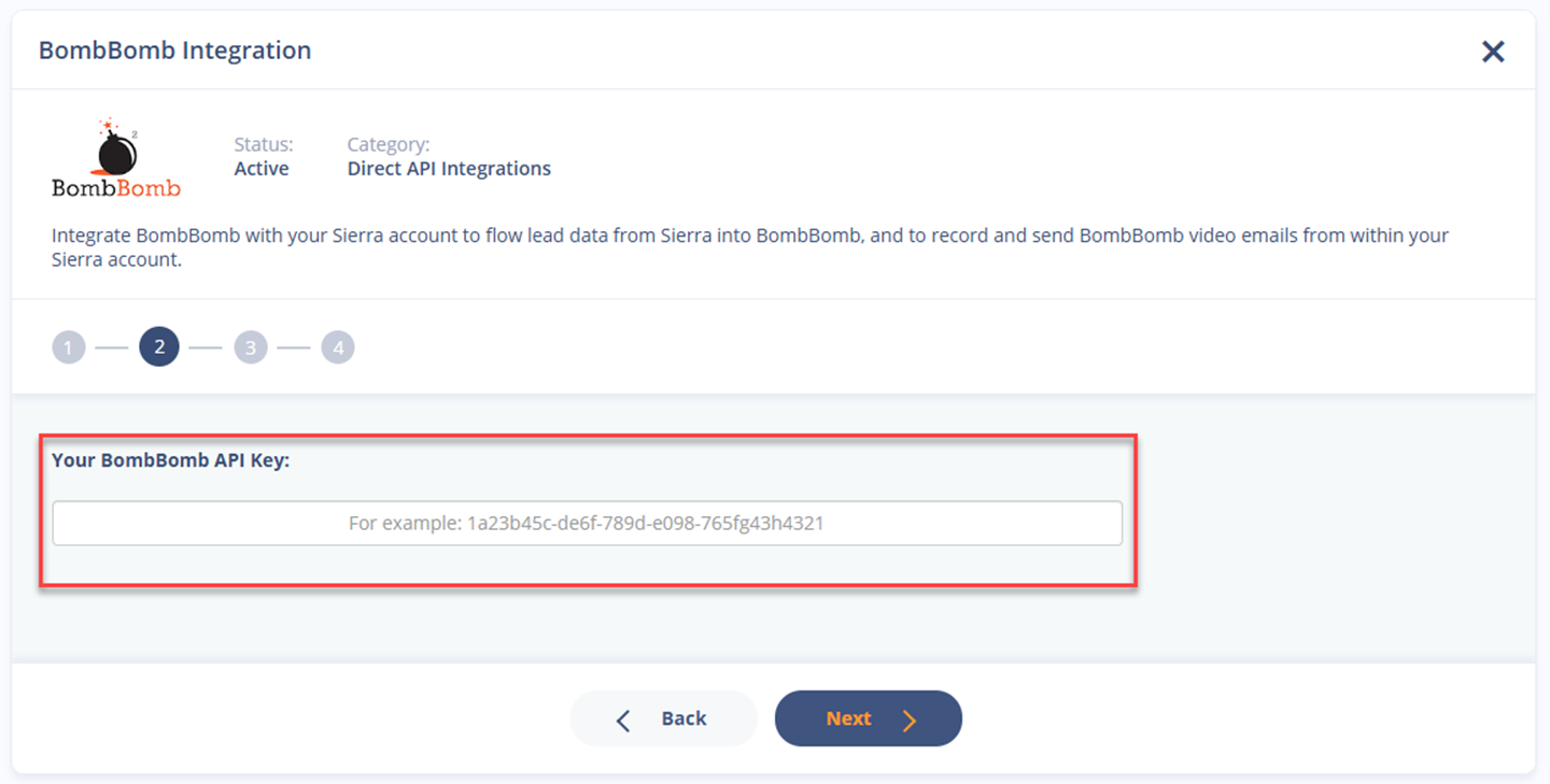 Add BombBomb API key in Sierra's Integrations manager