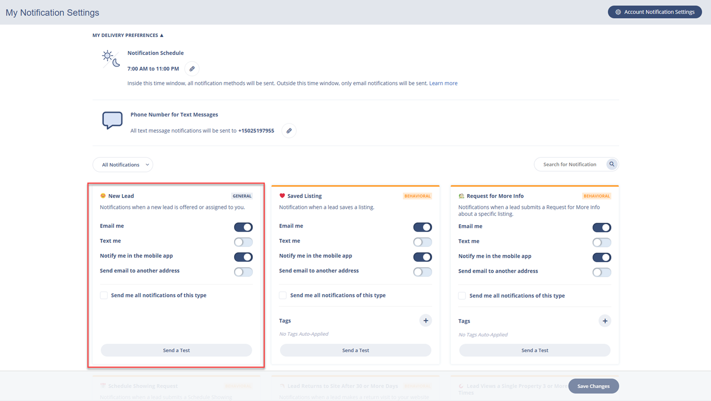 My Notification Settings for New Leads