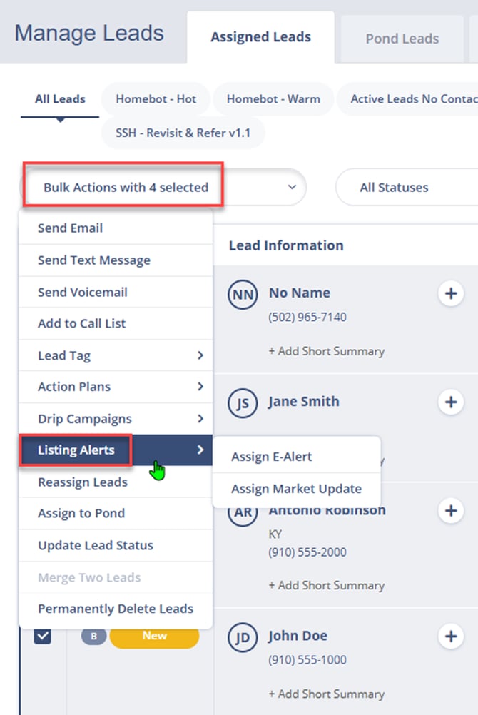 Bulk apply listing alerts from the Leads Dashboard