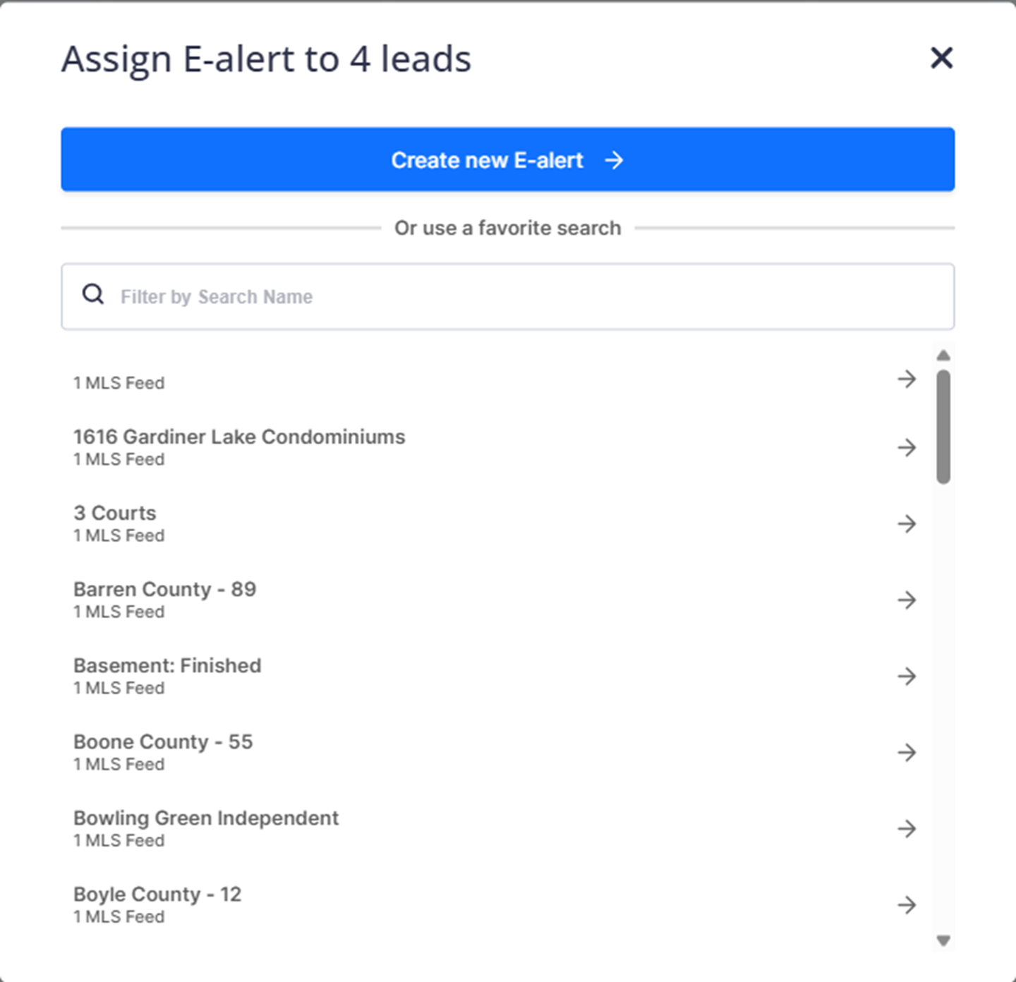 Assign a new search or a favorited search when bulk applying listing alerts in Sierra Interactive