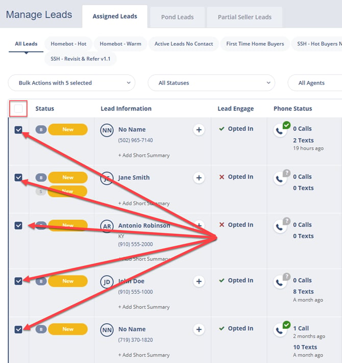 Select leads for bulk actions in the Leads Dashboard