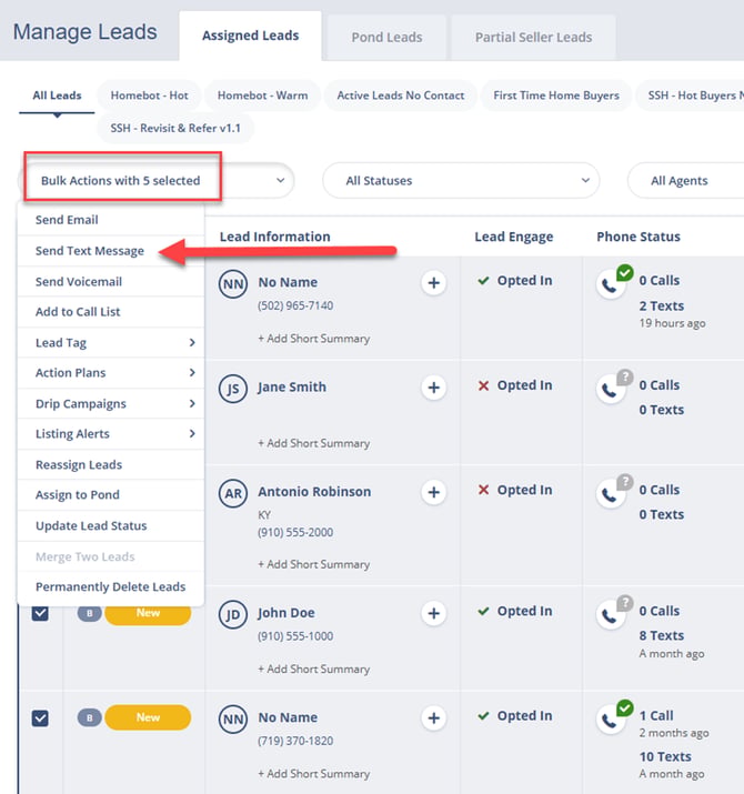 Select Send Text Message from the Bulk Actions dropdown menu