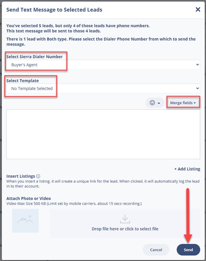 Send mass text message to leads from Sierra's Lead Dashboard