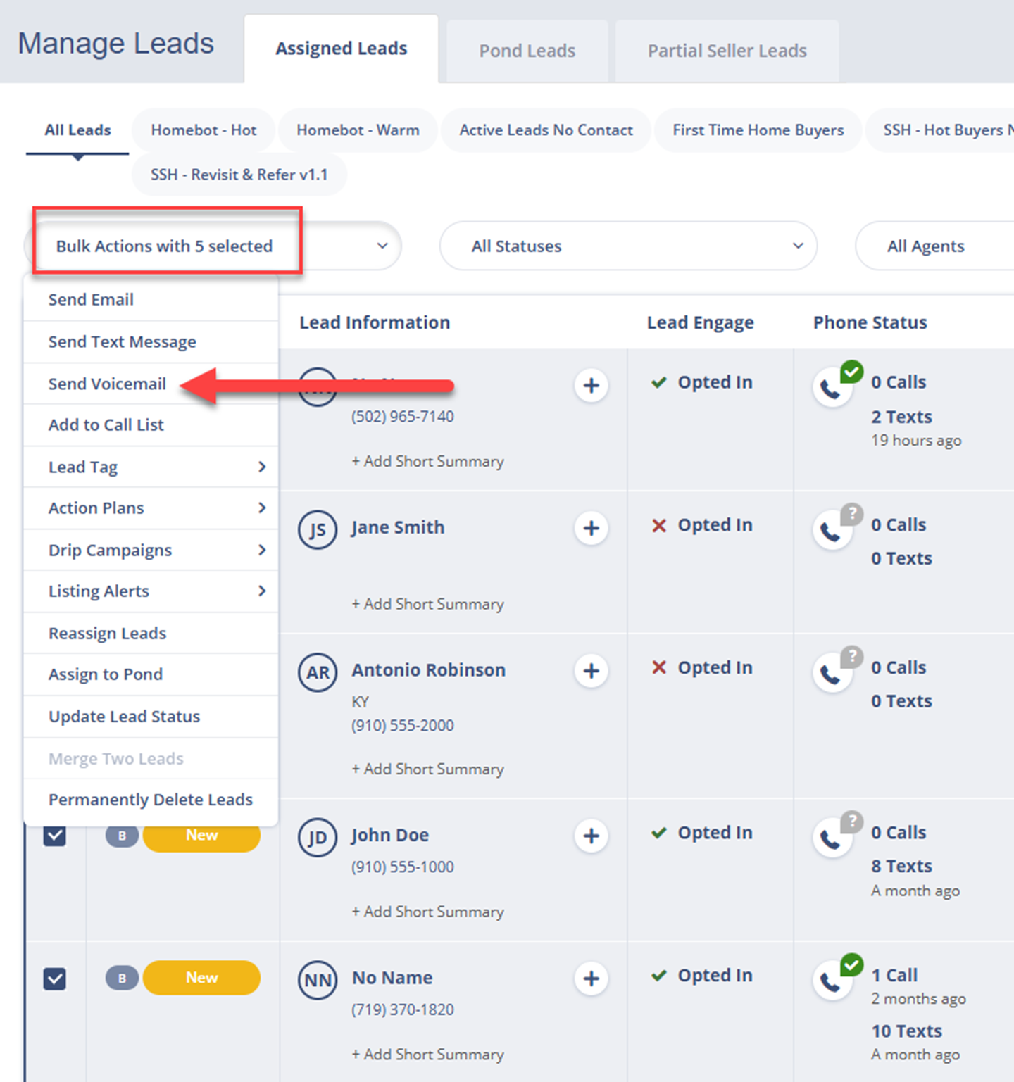 Send bulk voicemail drops from Sierra's Leads Dashboard