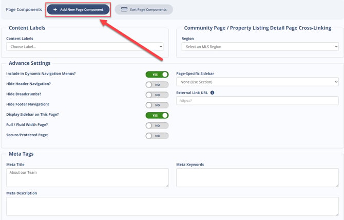 Add a new page component to a content page with Sierra Interactive