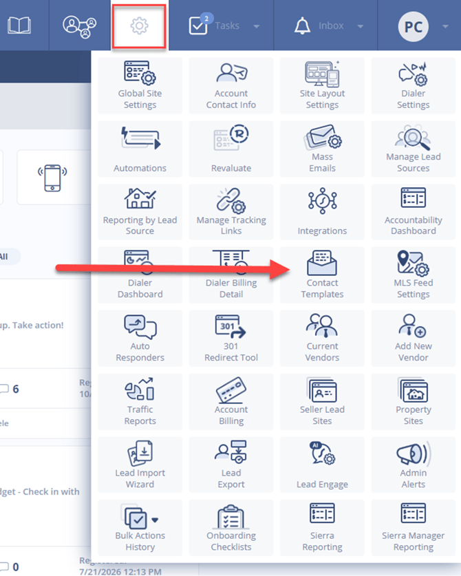 Navigating to Contact Templates from Sierra's CRM