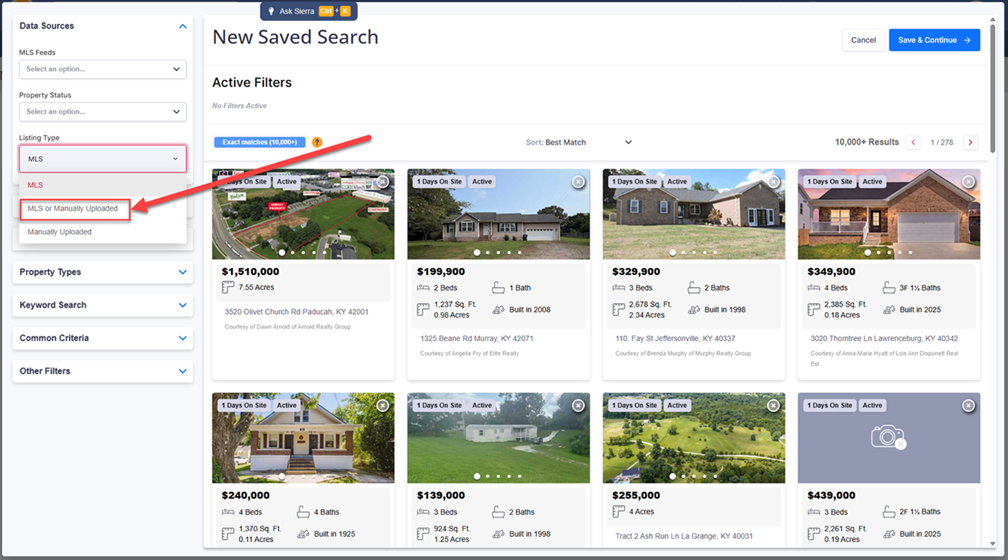Adding Manual Listings to a Saved Search in Sierra Interactive