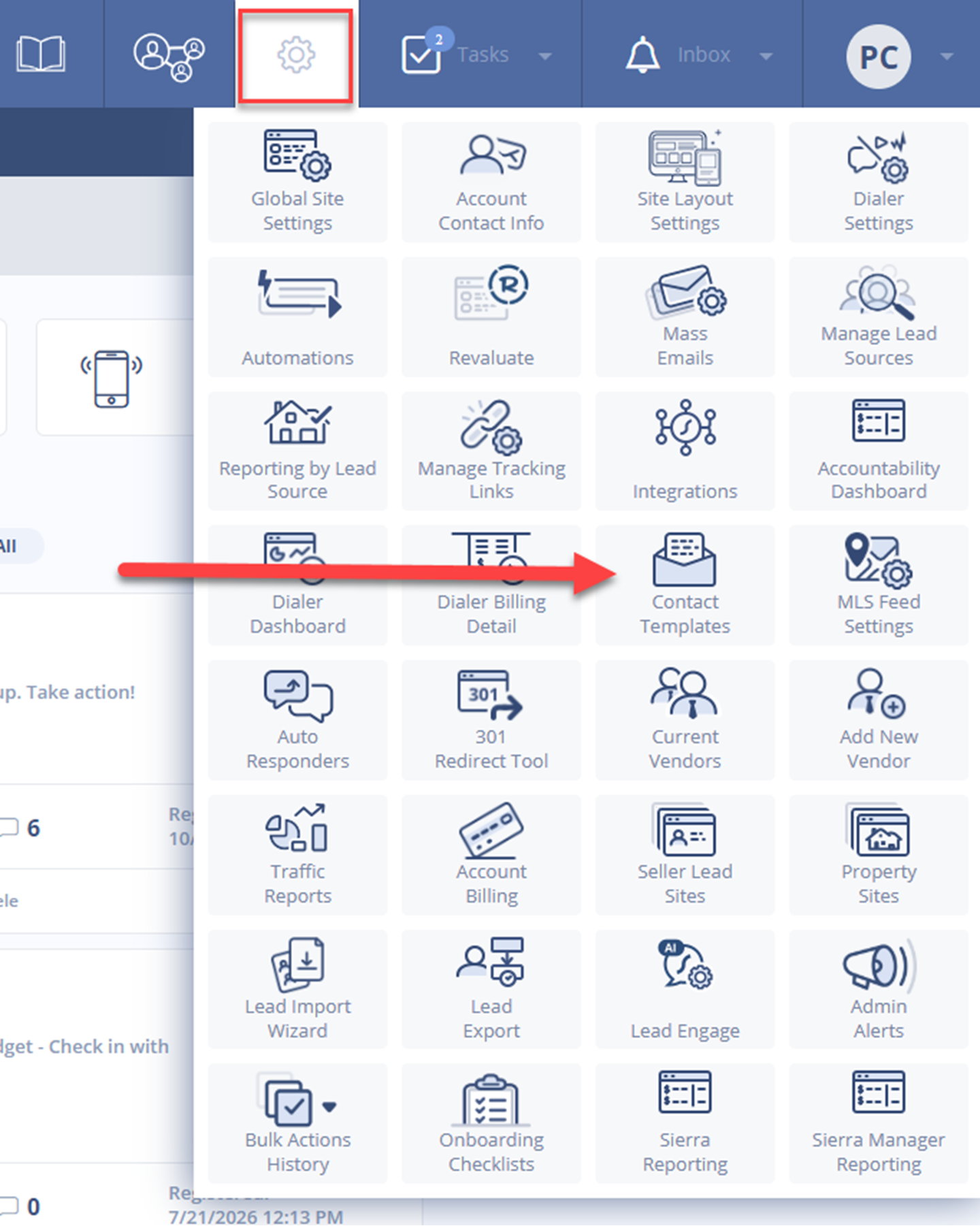 Navigating to Contact Template feature in Sierra Interactive