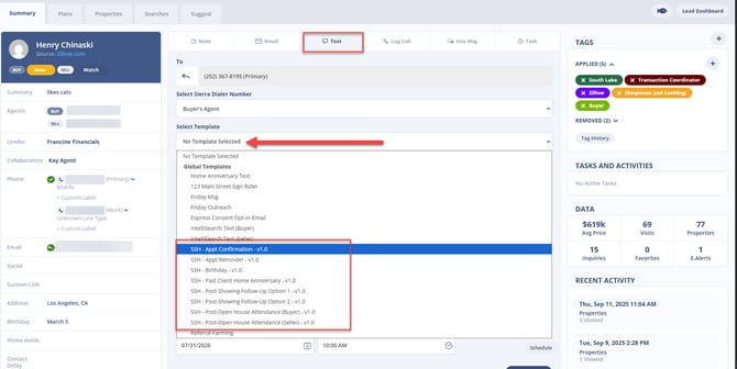 Sending a Text Touchpoint from a Lead Detail Page