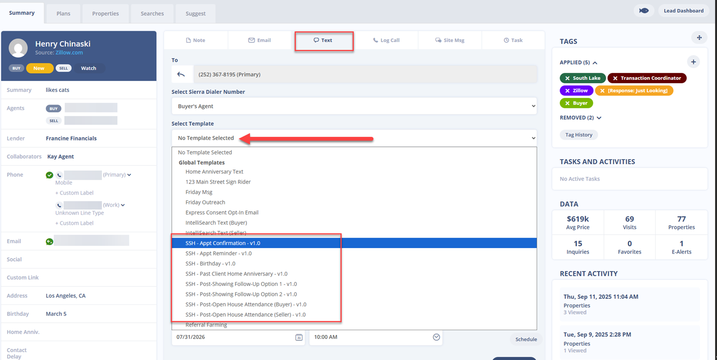 Sending a Text Touchpoint from a Lead Detail Page