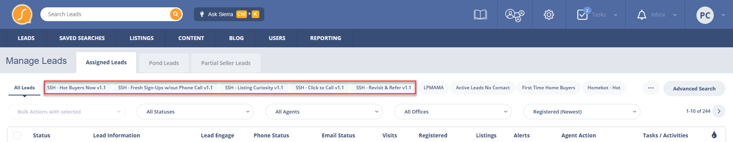 Lead Accelerator Smart Filters in Sierra's Lead Dashboard