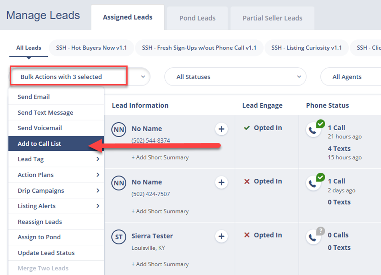 Adding leads to a call list in Sierra's CRM