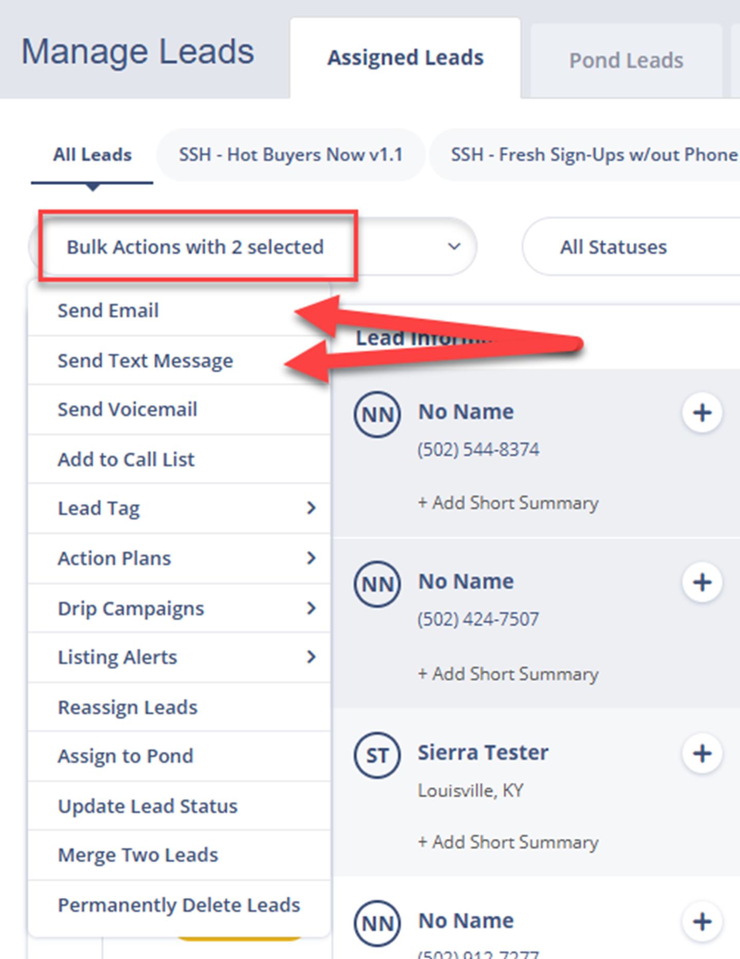 Sending a bulk email or text message from the Leads Dashboard