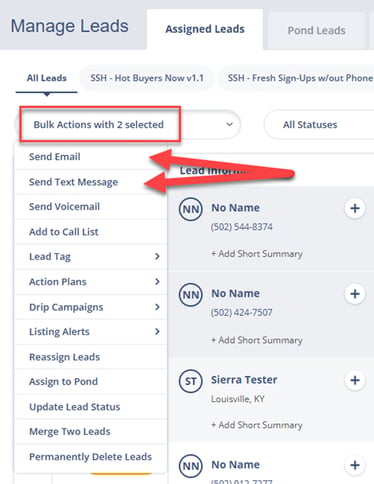 Sending a bulk email or text message from the Leads Dashboard