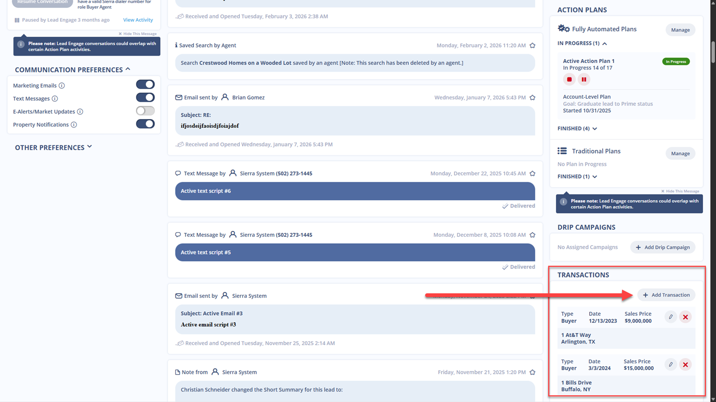 Adding Transaction Details from the Lead Detail Page