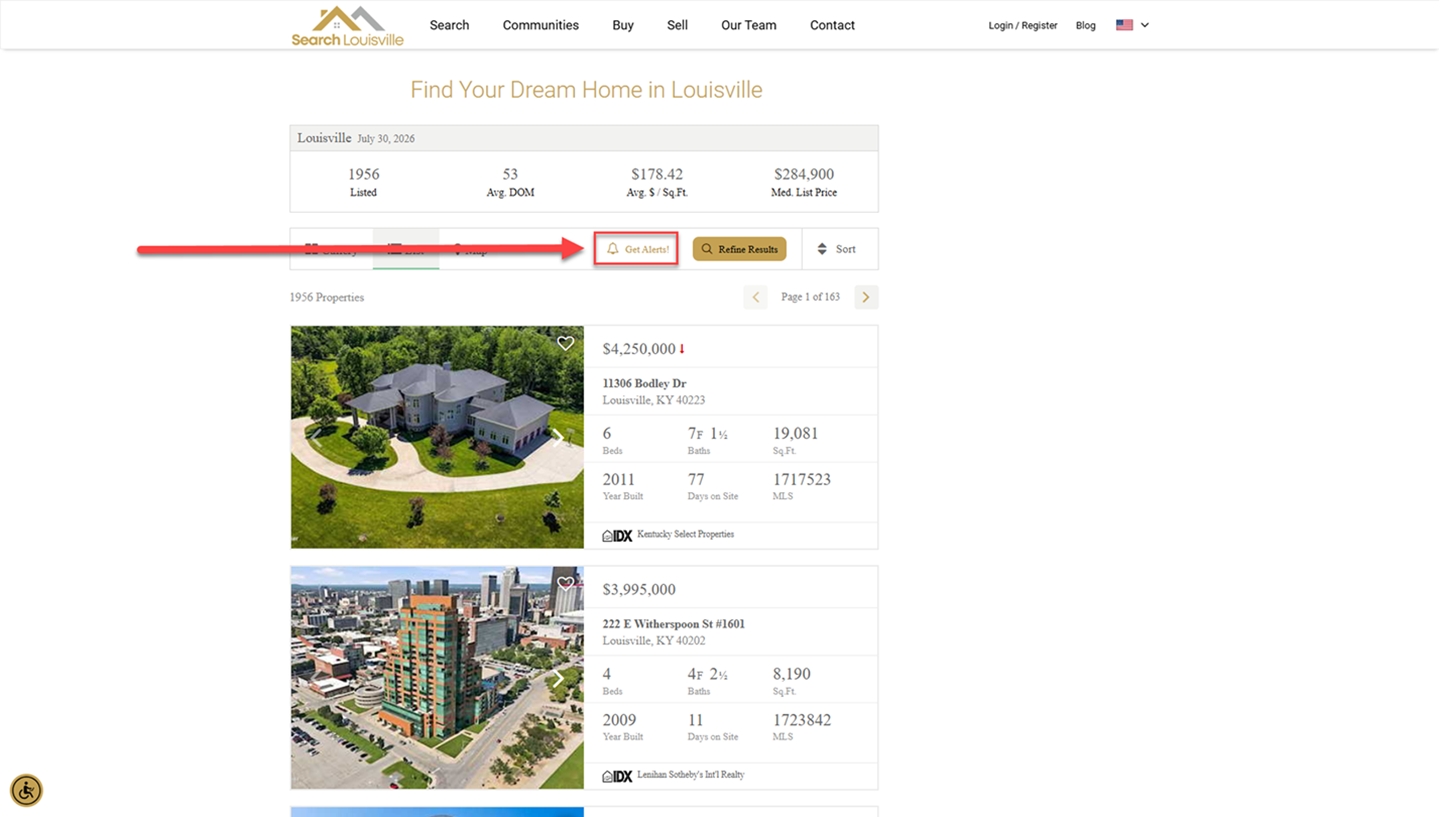 Get Alerts! feature on Sierra IDX websites