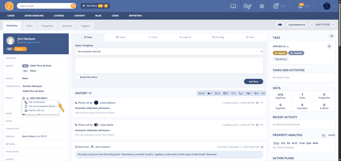 Sierra Interactive dialer on lead detail page enables calling in browser