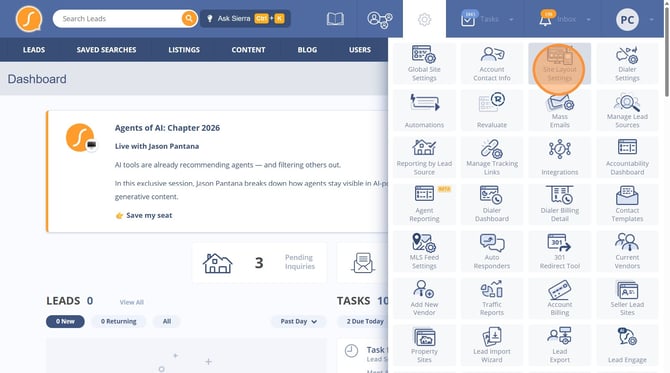 Sidebar menu in Sierra showing the Site Layout Settings option.